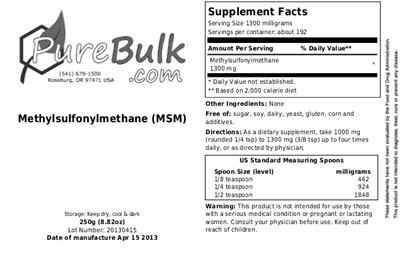 Photo of the PureBulk.com Methylsulfonylmethane (MSM) label