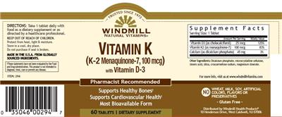 Photo of the Windmill Natural Vitamins Vitamin K (K-2 Menaquinone-7, 100 mcg) with Vitamin D-3 label