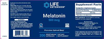 Photo of the Life Extension Melatonin 500 mcg label