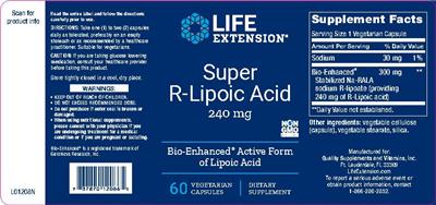 Photo of the Life Extension Super R-Lipoic Acid 240 mg label