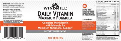 Photo of the Windmill Daily Vitamin Maximum Formula label