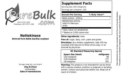 Photo of the PureBulk.com Nattokinase label