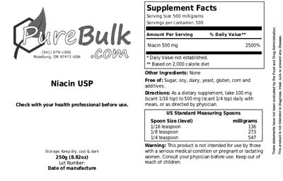 Photo of the PureBulk.com Niacin USP label
