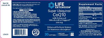 Photo of the Life Extension Super Ubiquinol CoQ10 with Enhanced Mitochondrial Support 200 mg label