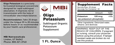 Photo of the MBi Nutraceuticals Oligo Potassium label