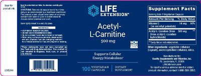 Photo of the Life Extension Acetyl-L-Carnitine 500 mg label