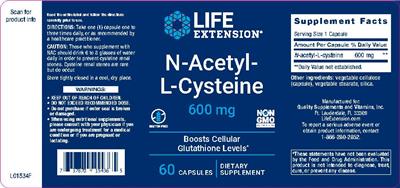 Photo of the Life Extension N-Acetyl-L-Cysteine 600 mg label