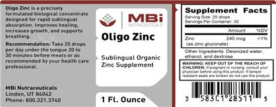Photo of the MBi Nutraceuticals Oligo Zinc label