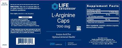 Photo of the Life Extension L-Arginine Caps 700 mg label