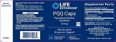 Photo of the Life Extension PQQ Caps Pyrroloquinoline Quinone 10 mg label