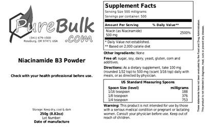 Photo of the PureBulk.com Niacinamide B3 Powder label