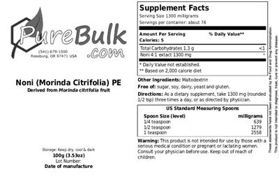 Photo of the PureBulk.com Noni (Morinda Citrifolia) PE label