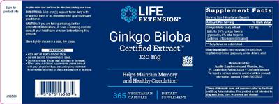 Photo of the Life Extension Ginkgo Biloba Certified Extract 120 mg label