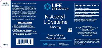 Photo of the Life Extension N-Acetyl-L-Cysteine 600 mg label