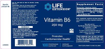 Photo of the Life Extension Vitamin B6 250 mg label