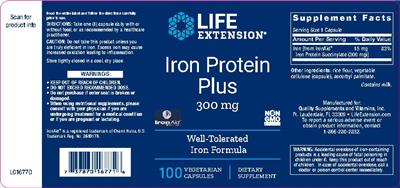 Photo of the Life Extension Iron Protein Plus 300 mg label