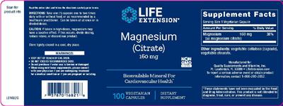 Photo of the Life Extension Magnesium (Citrate) 160 mg label