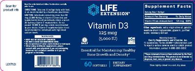 Photo of the Life Extension Vitamin D3 125 mcg (5,000 IU) label
