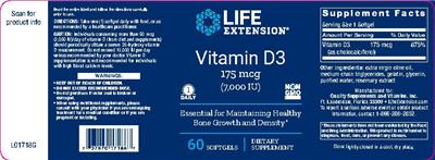 Photo of the Life Extension Vitamin D3 175 mcg (7,000 IU) label