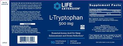 Photo of the Life Extension L-Tryptophan 500 mg label