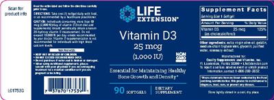 Photo of the Life Extension Vitamin D3 25 mcg (1,000 IU) label