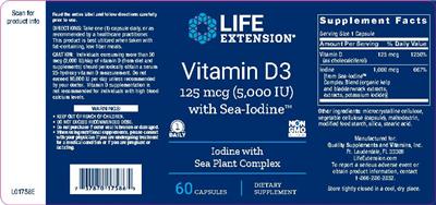 Photo of the Life Extension Vitamin D3 125 mcg (5,000 IU) with Sea-Iodine label