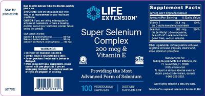 Photo of the Life Extension Super Selenium Complex 200 mcg & Vitamin E label