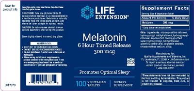 Photo of the Life Extension Melatonin 300 mcg 6 Hour Timed Release label