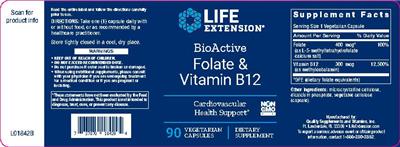 Photo of the Life Extension BioActive Folate & Vitamin B12 label