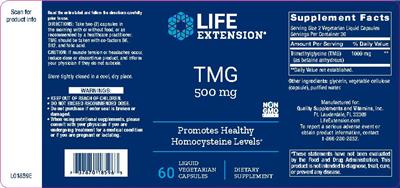 Photo of the Life Extension TMG 500 mg label