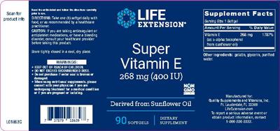 Photo of the Life Extension Super Vitamin E 268 mg (400 IU) label