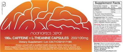 Photo of the Nootropics Depot Caffeine + L-Theanine Capsules 200/100 mg label