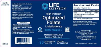 Photo of the Life Extension High Potency Optimized Folate 8500 mcg DFE label