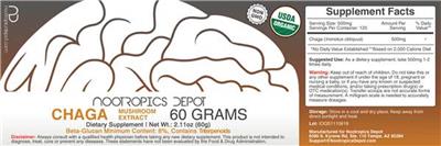 Photo of the Nootropics Depot Chaga Mushroom Extract label
