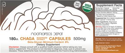 Photo of the Nootropics Depot Chaga Mushroom Extract Capsules 500 mg label