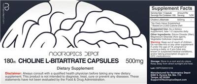 Photo of the Nootropics Depot Choline L-Bitartrate Capsules 500 mg label