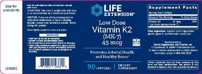 Photo of the Life Extension Low Dose Vitamin K2 (MK-7) 45 mcg label