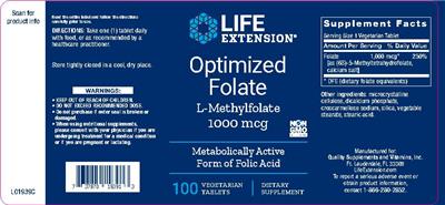 Photo of the Life Extension Optimized Folate L-Methylfolate 1000 mcg label