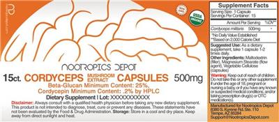 Photo of the Nootropics Depot Cordyceps Mushroom Extract Capsules 500 mg label