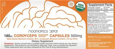 Photo of the Nootropics Depot Cordyceps Mushroom Extract Capsules 500 mg label