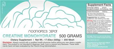 Photo of the Nootropics Depot Creatine Monohydrate label