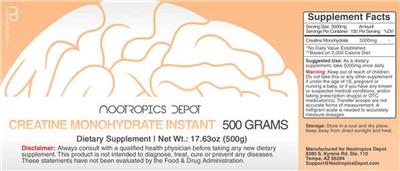 Photo of the Nootropics Depot Creatine Monohydrate Instant label