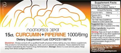 Photo of the Nootropics Depot Curcumin + Piperine 1000/6 mg label