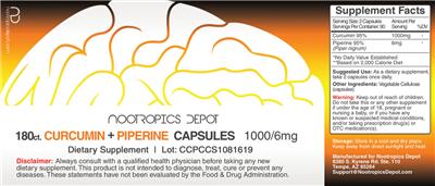 Photo of the Nootropics Depot Curcumin + Piperine 1000/6 mg label