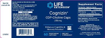 Photo of the Life Extension Cognizin CDP-Choline Caps 250 mg label