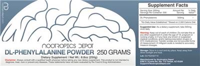 Photo of the Nootropics Depot DL-Phenylalanine Powder 250 grams label