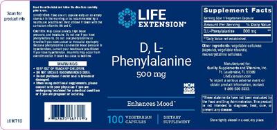 Photo of the Life Extension D, L-Phenylalanine 500 mg label