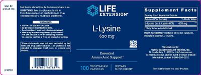 Photo of the Life Extension L-Lysine 620 mg label