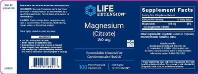 Photo of the Life Extension Magnesium (Citrate) 160 mg label