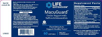 Photo of the Life Extension MacuGuard Ocular Support with Saffron & Astaxanthin label